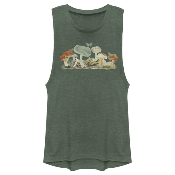 Junior's Lost Gods Retro Mushrooms  Festival Muscle Graphic Tee Pine Green Heather Medium