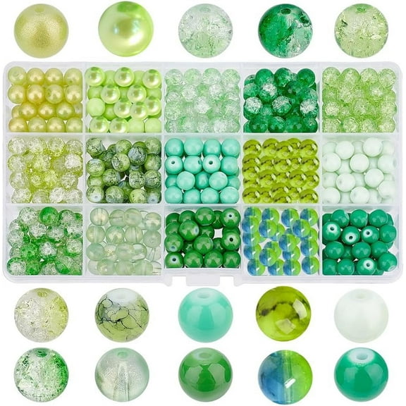 PH 450pcs 8mm Green Glass Beads 15 Colors Beads Bracelet Beads Craft Glass Beads St Patrick Day Beads Loose Beads for Spring Home Decor Earring Necklace Bracelet Jewelry Making Green