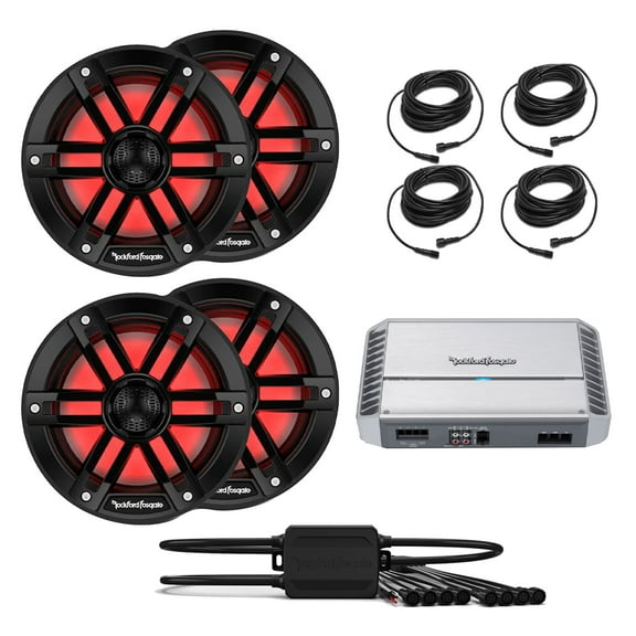 Rockford Fosgate PM500X2 2 Channel Marine Amplifier with 2 Pairs M1-8B M1 Series 8" Marine Black   (1) PMX-RGB Optix LIght Controller   (4) RGB-25 25' Extension Cable