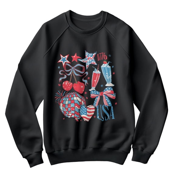 Retro USA 1776 Patriotic Sweatshirt for Women - Vintage Red White Blue Graphic Pullover with Cherries, Milkshakes, Stars & Bow - 4th of July Top