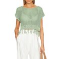 thumbnail image 2 of Women Knit Tops, Crew Neck Short Sleeve T-shirt Hollowed Tasseled Sheer Top for Vacation, 2 of 10