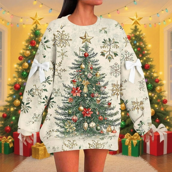 HOMBOM Graphic Sweatshirt for Women Casual Holiday Pullover Christmas Bows No Hood Khaki Long Sleeve Crew Neck Womens Tops