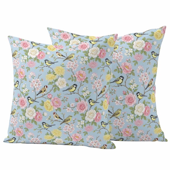 Spring Outdoor Waterproof Pillow Covers Set of 2, Blue Traditional Flowers Birds Branches Ethnic Style Pillowcase Decorative Throw Cushion Cases for Patio Garden Couch 18 x 18 Inches