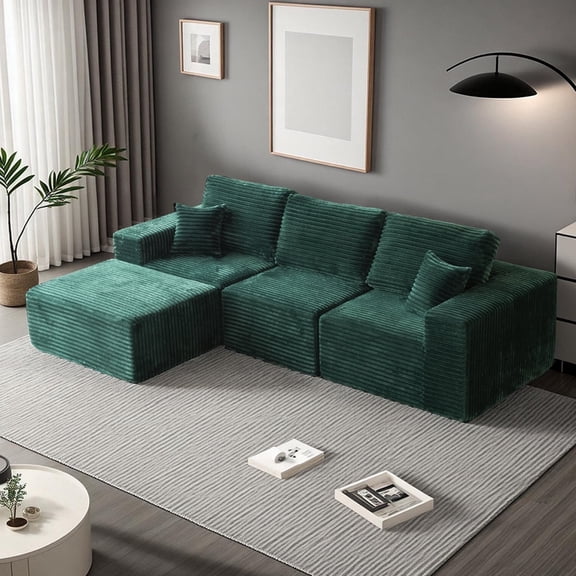Orhopui 107" Cloud Modular Sectional Couch with Deep Seat, L-Shape Boneless Sofa with Oversized Chaise, Comfy Fluffy Couches for Living Room, Convertible, Layered Pillows, Plush Corduroy, Green
