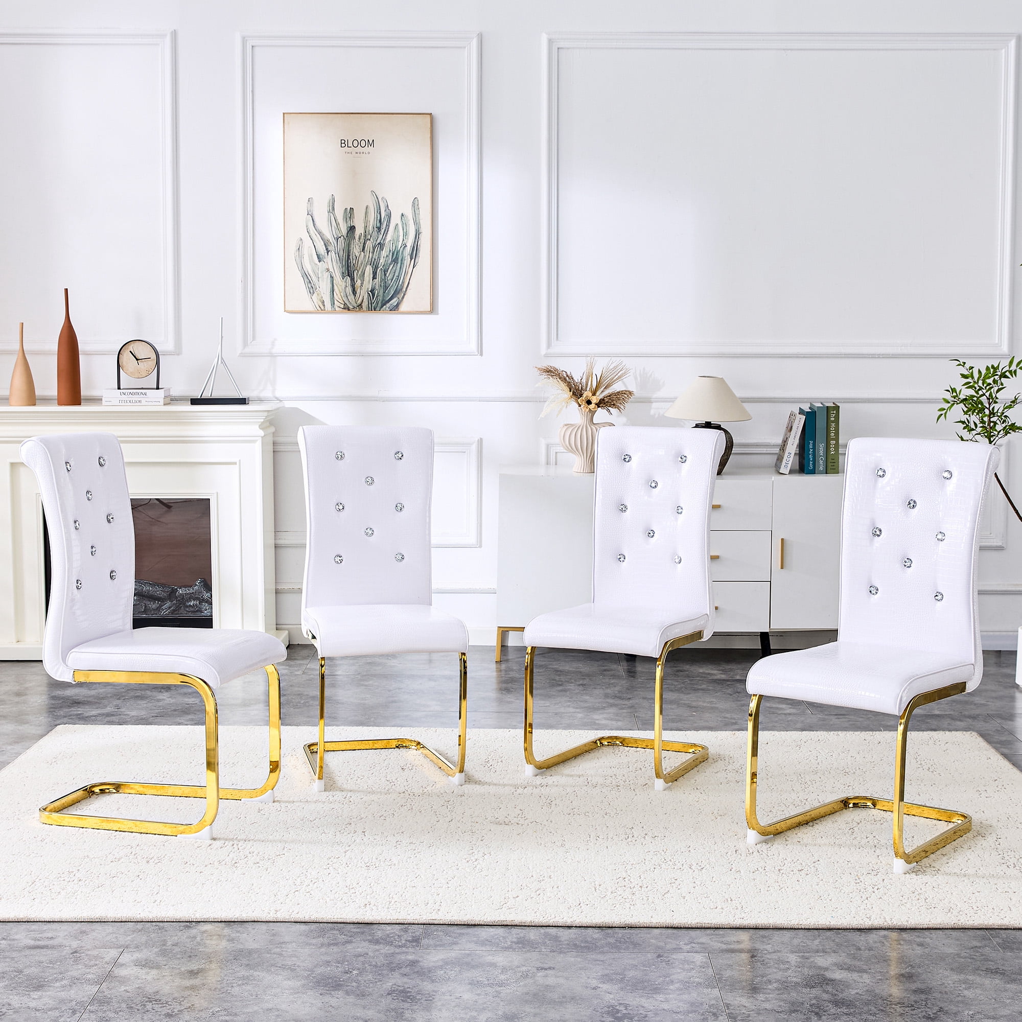 Aukfa Modern Dining Chairs Set of 2 , 400 lbs Heavy-Duty Faux Alligator Leather Kitchen Chairs with Crystal Button Tufted High Back,White