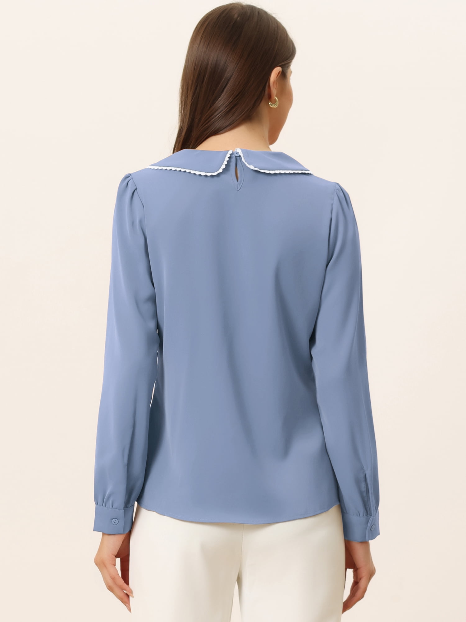 DARING DIVA Women's Peter Pan Collar Button Chiffon Blouse S Dusty Blue