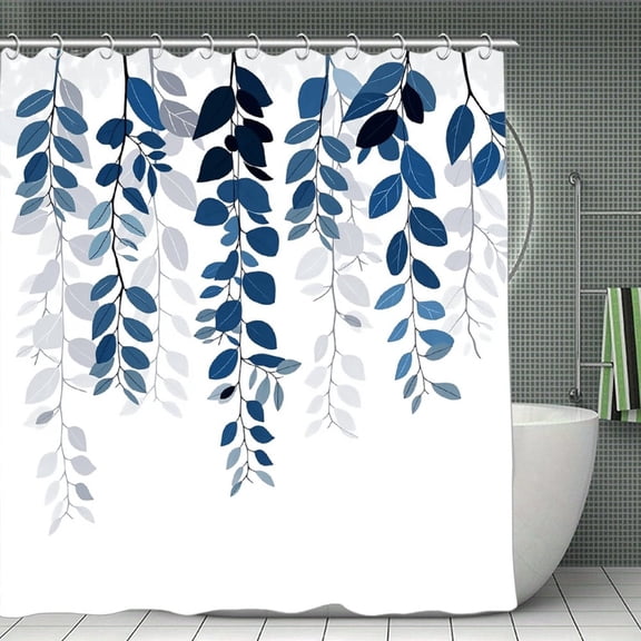 Potopok Blue Watercolor Eucalyptus Leaves Botanical Floral Shower Curtain, Waterproof Polyester with Hooks, for Bath, Shower, Bathtub, Room Divider, 70.8x70.8 Inch