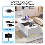 PARKWELL LED Lift Top Coffee Table for Living Room,High Glossy Center Table with Hidden Compartment, LED Lights and Bluetooth Speaker,White Cocktail Table with Storage Drawers and Shelves