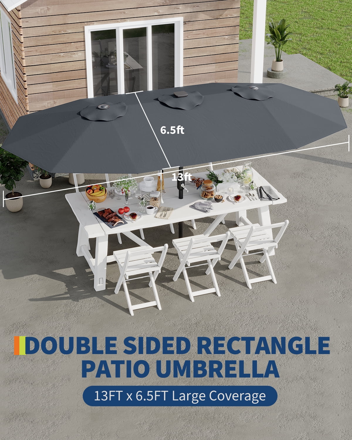 Memoryfield 13 FT Large Double-Sided Patio Umbrella, Outdoor Rectangle Market Umbrella with Crank Handle for Pool, Lawn & Garden, Gray