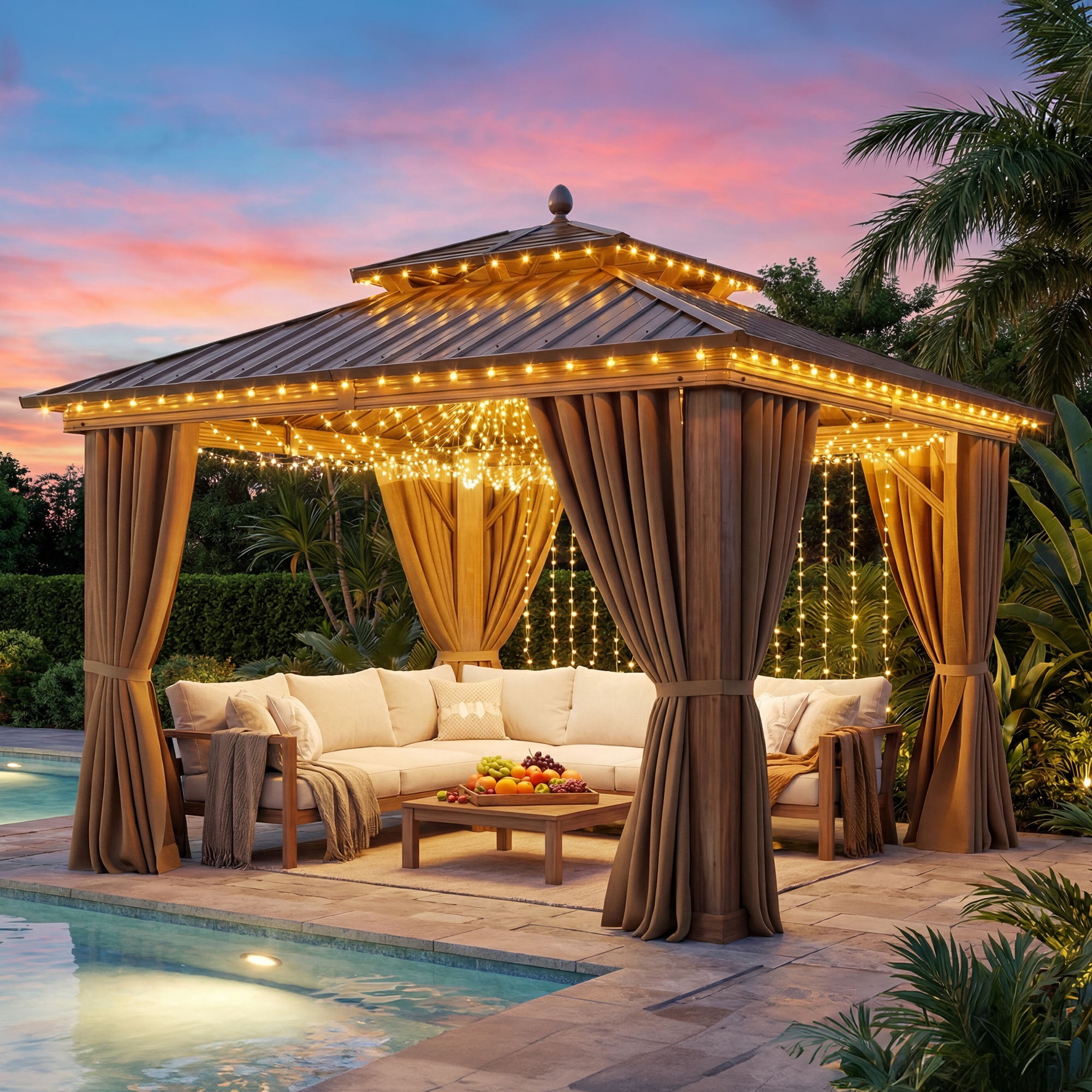 Dextrus 10x10ft Double Roof Hardtop Gazebo with Netting and Curtains, Outdoor Heavy Duty Galvanized Steel Combined of Vertical Stripes Roof,Ideal for Patio, Backyard, Deck, Lawns-Bronze