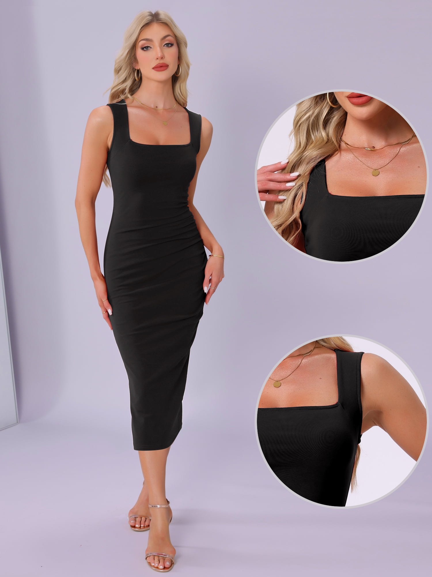 DARING DIVA Square Neck Waisted Ruched Tank Midi Dress S Black