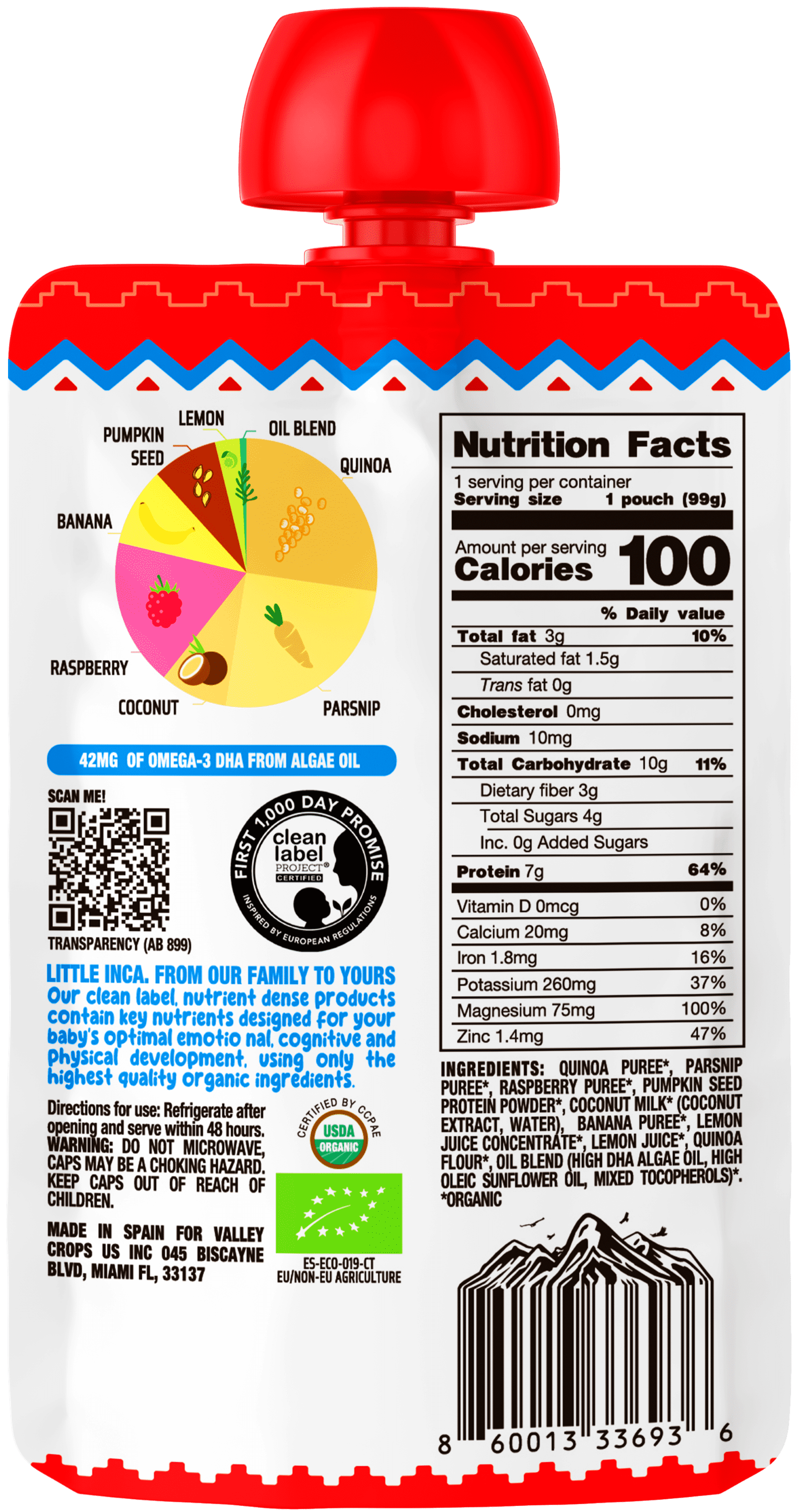 Little Inca Stage 2 Baby Food Pouches, Quinoa Coconut Berry Baby Puree, Plant Based High Protein, Dairy-Free, 6 x 3.5oz