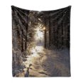 thumbnail image 1 of Winter Soft Flannel Fleece Blanket, Christmas Season with Snow and Frozen Forest Sun Rays Very Cold Woods Scenery, Cozy Plush for Indoor and Outdoor Use, 50" x 60", Brown Pale Yellow, by Ambesonne, 1 of 6