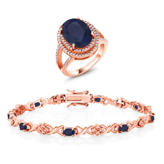 Gem Stone King 11.90 Ct Oval Blue Sapphire 18K Rose Gold Plated Silver Ring and Bracelet Jewelry Set (Size 5)