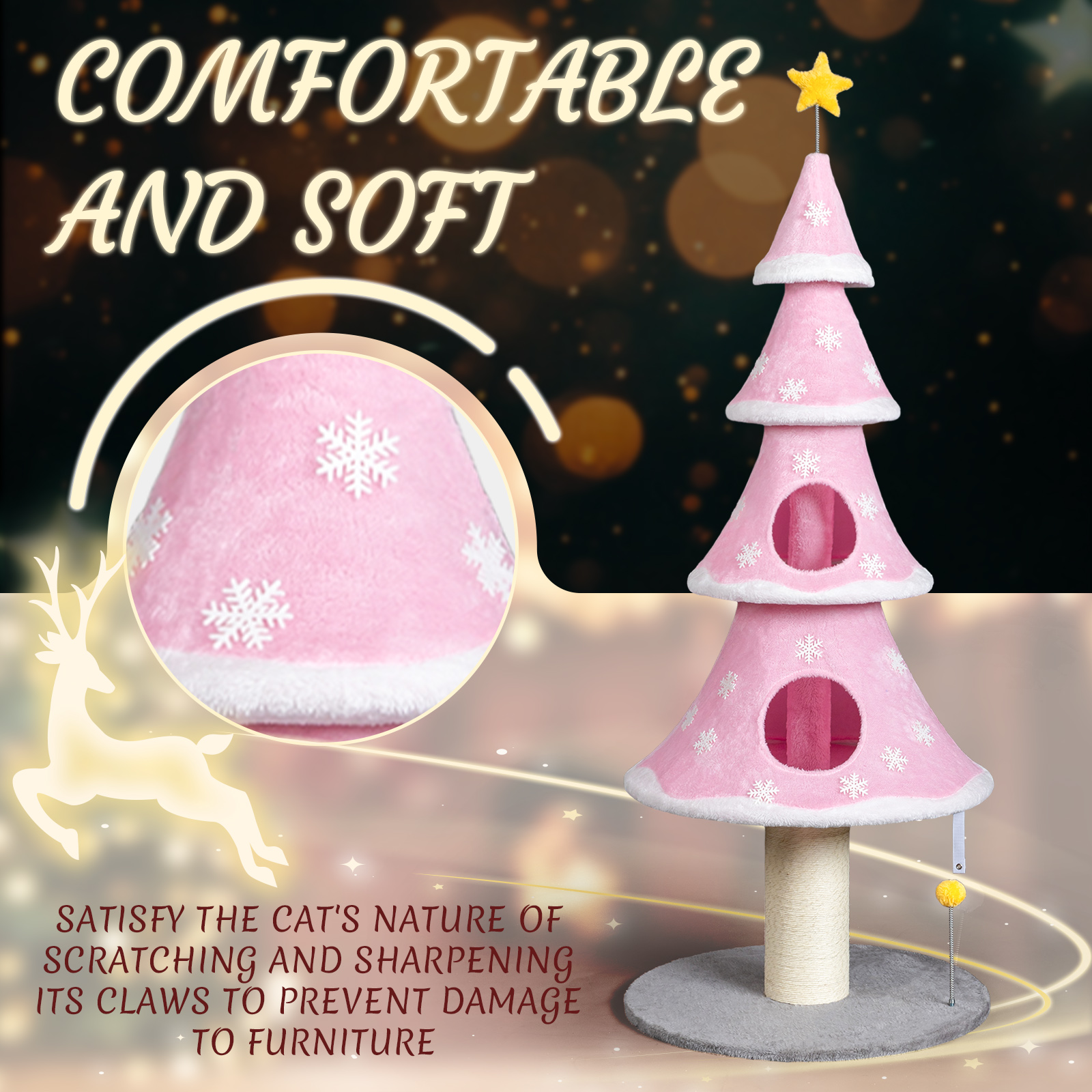 Ktaxon 59in Large Christmas Tree Cat Tower with 2 Condos, Scratching Post, Soft Fleece, Teaser Toy & Sturdy Base, Pink