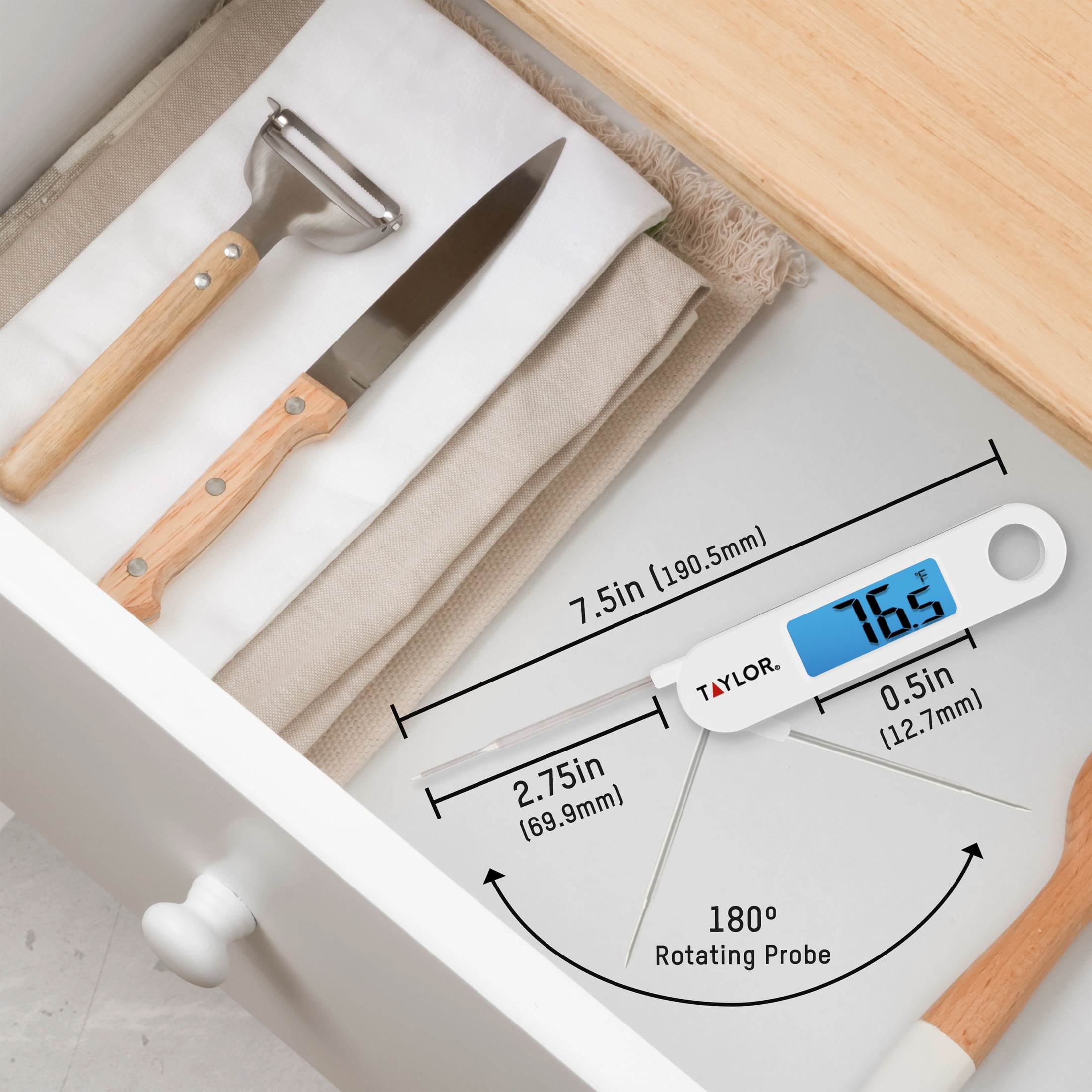 Taylor Stainless Steel Digital Folding Probe Meat Thermometer, Blue Backlight Display, White