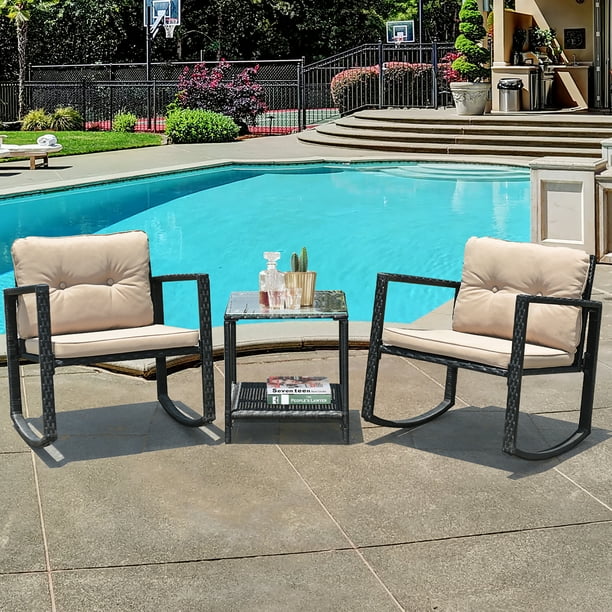 Costway 3-Piece Patio Wicker Bistro Furniture Set w/ 2 Rocking Chairs