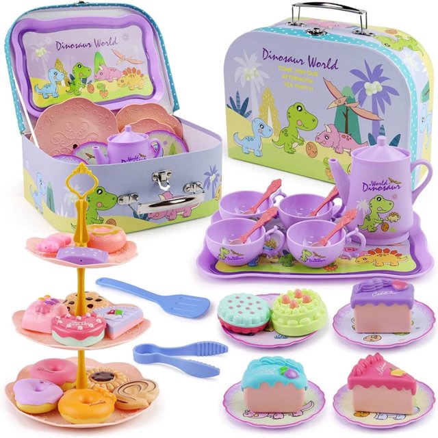 YOPTOP Children's Play House Toys Plastic Afternoon Tea Snack Set Simulation Snacks Cartoon Dinosaur Tea Set Gift Box Set