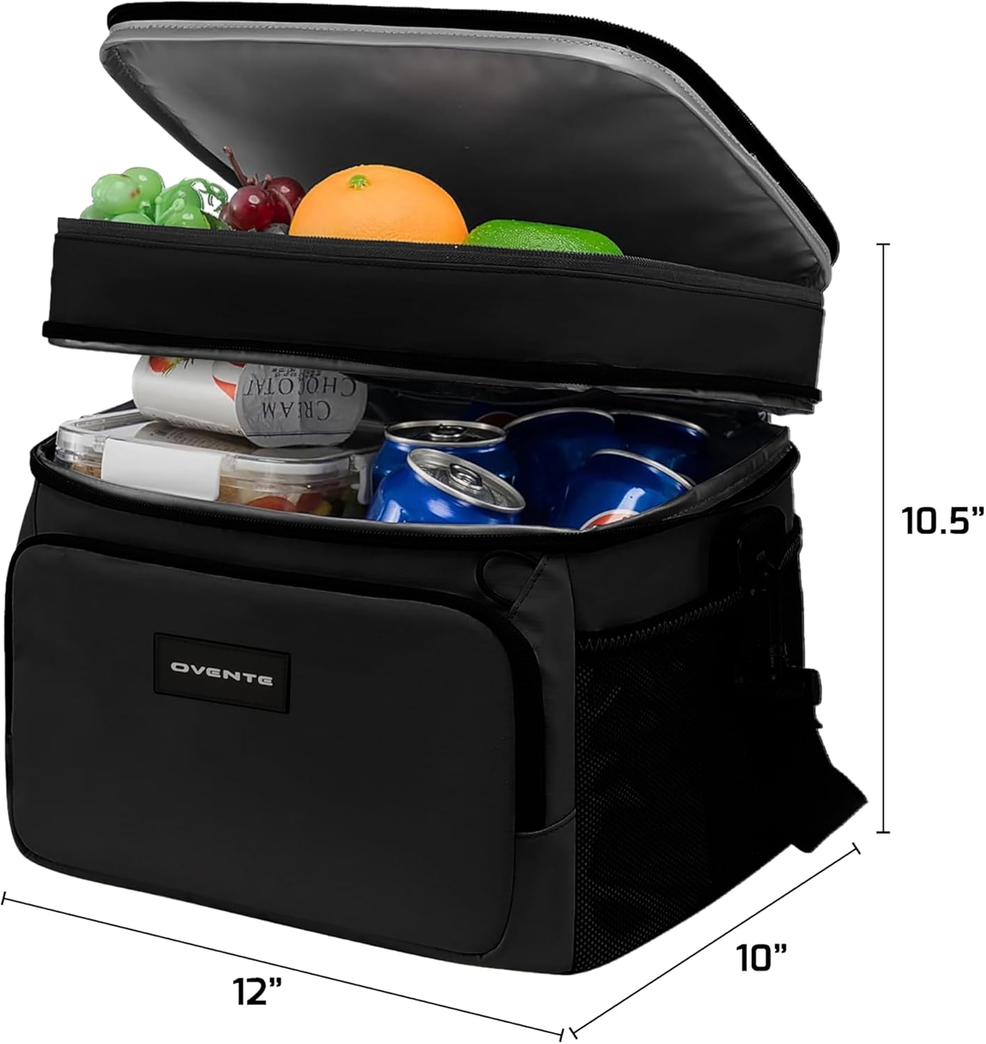 OVENTE Collapsible Soft Cooler Bag, Insulated Lunch Bag with Double-Deck Leakproof Compartments, Waterproof Exterior, Portable for Work, Travel, Beach, Camping and Road Trips, Black CCBI024B