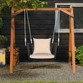 thumbnail image 4 of PRZL Outdoor Metal Porch Swing, Single Person Hanging Seat w/Woven Rattan Backrest, 2 Sturdy Hanging Ropes, Seat & Back Cushions Included, Heavy-Duty Swing Chair for Front Porch, Backyard (Beige), 4 of 18