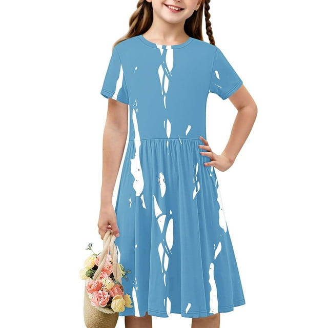 Liquidation Aujourd'hui Iumwxz Robe Décontractée Trapèze Robe Tunique pour Adolescentes Robe Col Rond Imprimé à Rayures Manches Courtes Robes pour Adolescentes Robe Confortable pour Aller à l'École 4-14 Ans