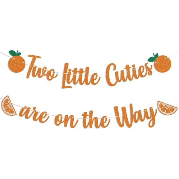 Two Little Cuties are on The Way Banner - Two Little Cuties Baby Shower Decorations for Twins, Orange Fruit Themed Gender Reveal Party Supplies Orange Glitter