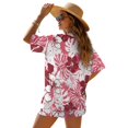 thumbnail image 2 of FKEKYI Red Hibiscus Flower Print Women's 2 Piece Set Short Sleeve Shirt & Shorts with Elastic Waist Summer Beachwear Soft Vacation Outfits Open Front Top Lounge Set, M, 2 of 7