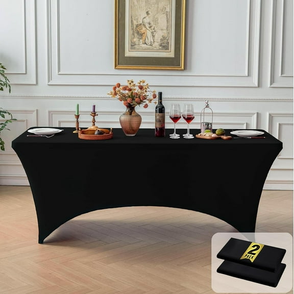 XIACOCO-2 Pack Black 6Ft Fitted Spandex Tablecloth, Waterproof Wrinkle Free Elastic Table Cover For 6 Foot Rectangle Tables, Stretch Table Cloth For Weddings, Banquets, Parties (2 Pcs)