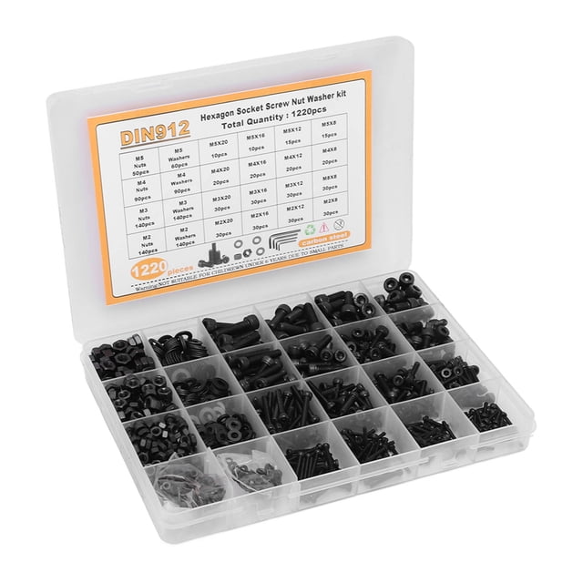 1220Pcs M2 M3 M4 M5 Vis Écrou Rondelle Assortiment Kit Acier au Carbone pour Maison DIN912