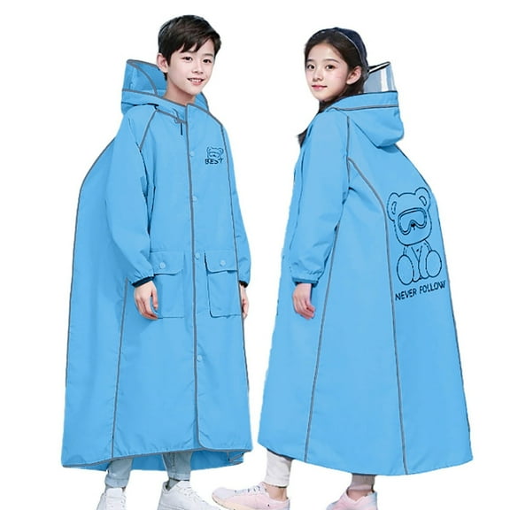 LIIPEE Girls Rainwear Casual Cartoon Long Sleeve Hooded Cute Graphic Raincoats Kids Breathable Fashion Comfortable Ponchos All Seasons Waterproof Soft Daily Rainwear,Light Blue,12-14 Years