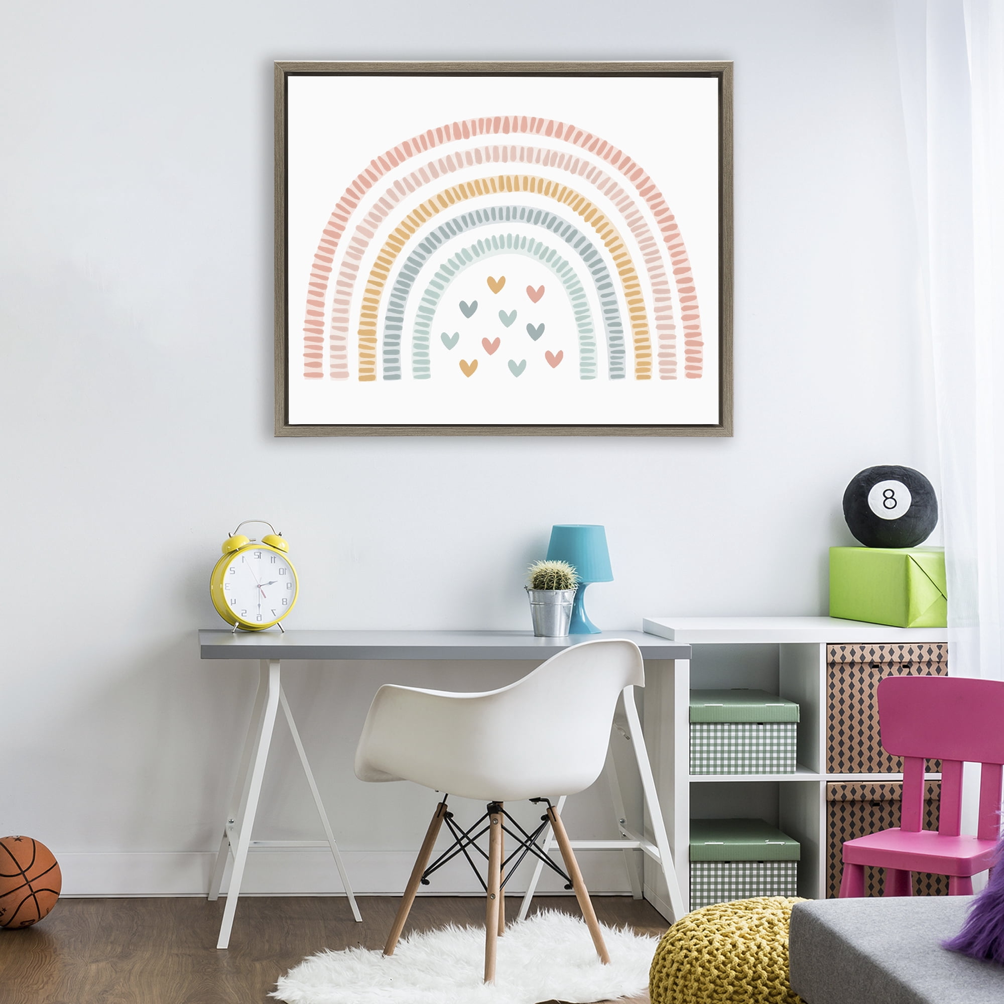 Stupell Industries Whimsical Pastel Rainbow with Hearts Brown Framed Floater Canvas Wall Art, design by Lil' Rue
