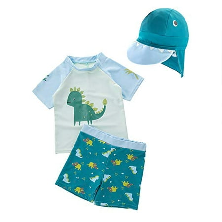 

Styles I Love Kid Boys Chic Graphic Rash Guard with Swim Hat 3pcs Swimsuit Pool Party Swimwear Beach Bathing Suit (Green Dinosaur 110/2T)