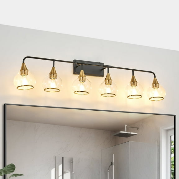 Art Deco 6-Light Vanity Light Fixture,  Bathroom Fixture with Clear Glass Shades, Black and Gold, 48 Inch Modern