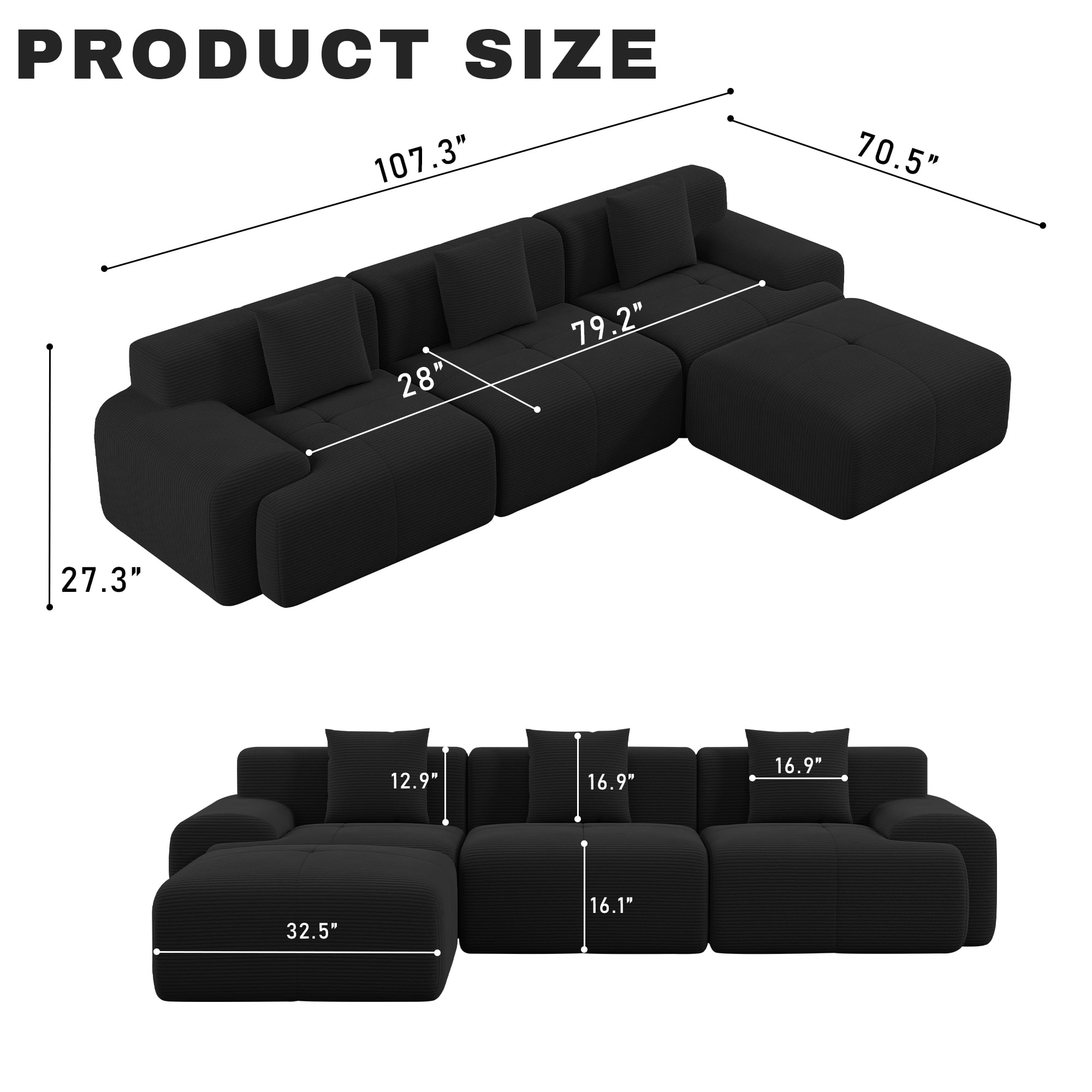 GAOHAPY 107"Modern L Shaped Modular Sectional Sofa, Oversized Corduroy Couch Deep Seat, Boneless Cloud Couch with Ottoman, 30D Sponge for Indoor Living Room, No Assembly Required(Black)