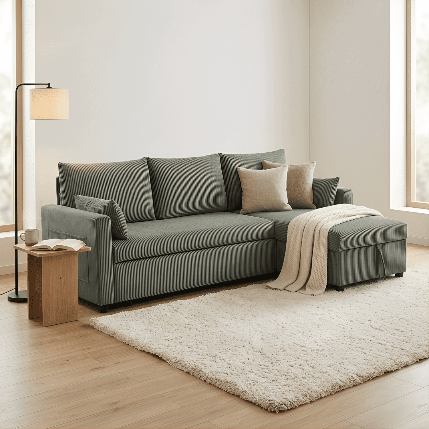 Leumius Sectional Sofa with Pull Out Sofa Bed,L Shaped Corduroy Sofa Couch with Storage Chaise,3 Seater Convertible Sectional Couch for Small Living Room, Apartment, Office,Olive Drab