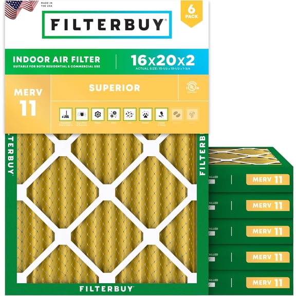 Filterbuy 16x20x2 Air Filter MERV 11 Allergy Defense, Pleated HVAC AC Furnace Filter Replacement, 6-Pack