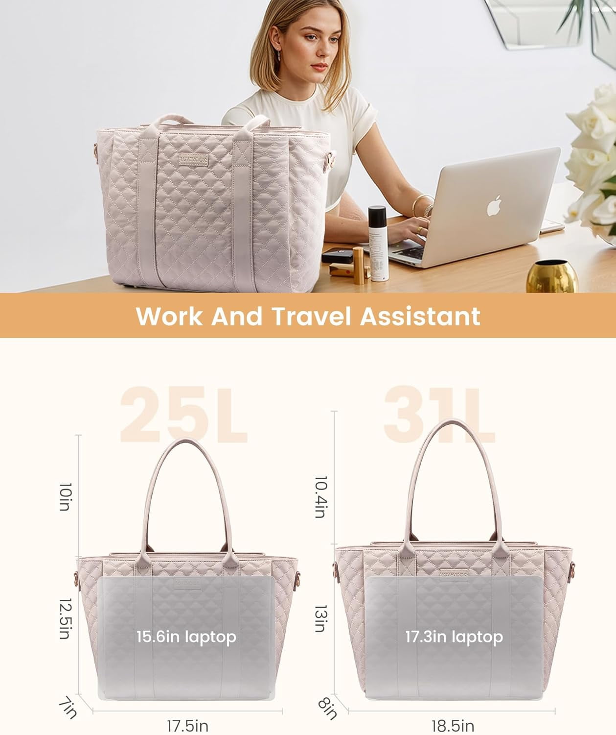 LOVEVOOK Tote Bag For Women, Large Work Tote Laptop Bag, Quilted Computer Shoulder Bags with Zipper for Travel Teacher Nurse