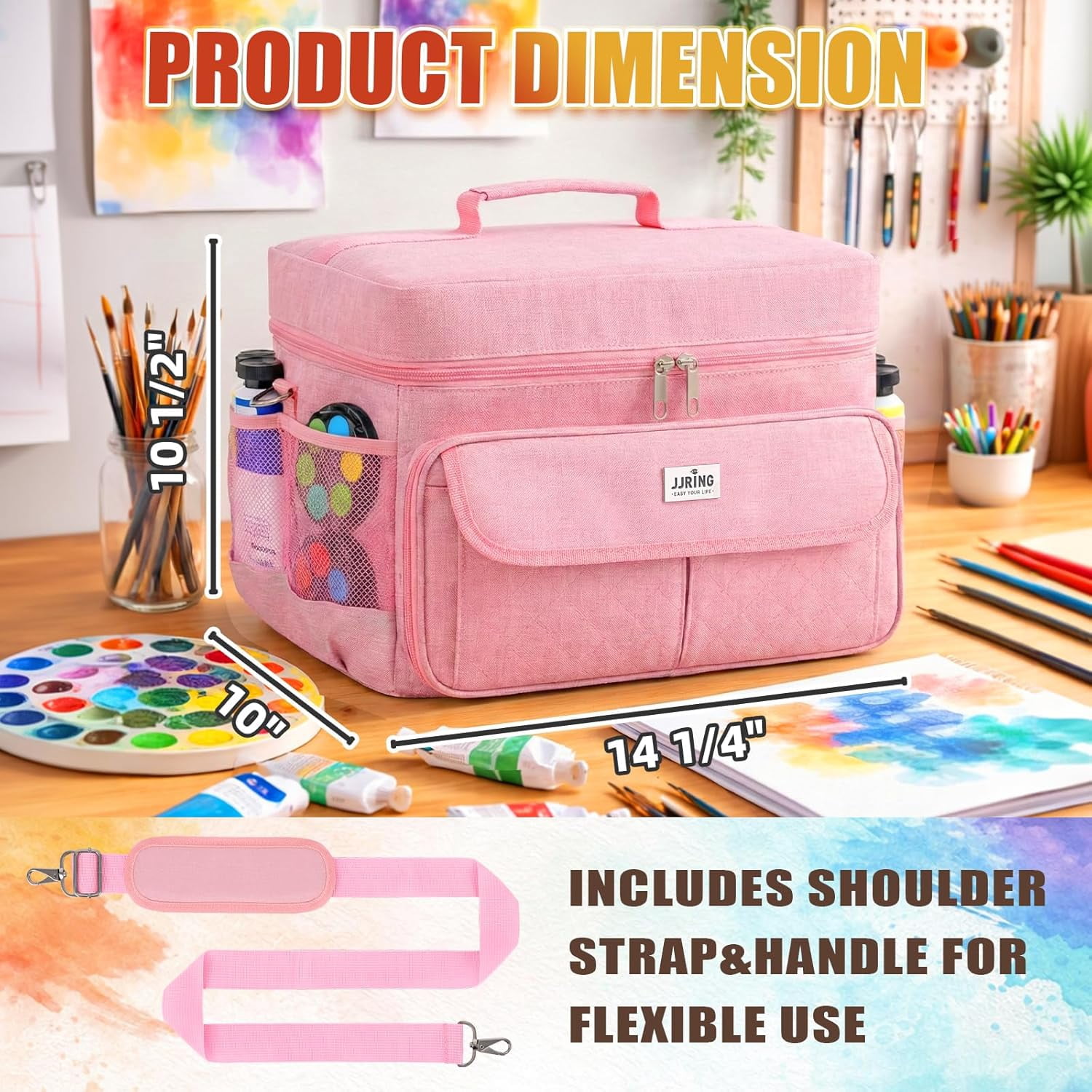 LAVFOX Adjustable Paint Storage Bag, Portable Art Supplies Organizer Tote with 12 Brush Slots for Multi-Size Acrylic Bottles and Craft Accessories, Blush Pink