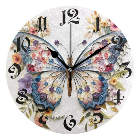 Silent Wall Clock Floral Butterfly 10" Non-Ticking Battery Clock Rustic Retro Home Decorative for Living Room Kitchen Bathroom