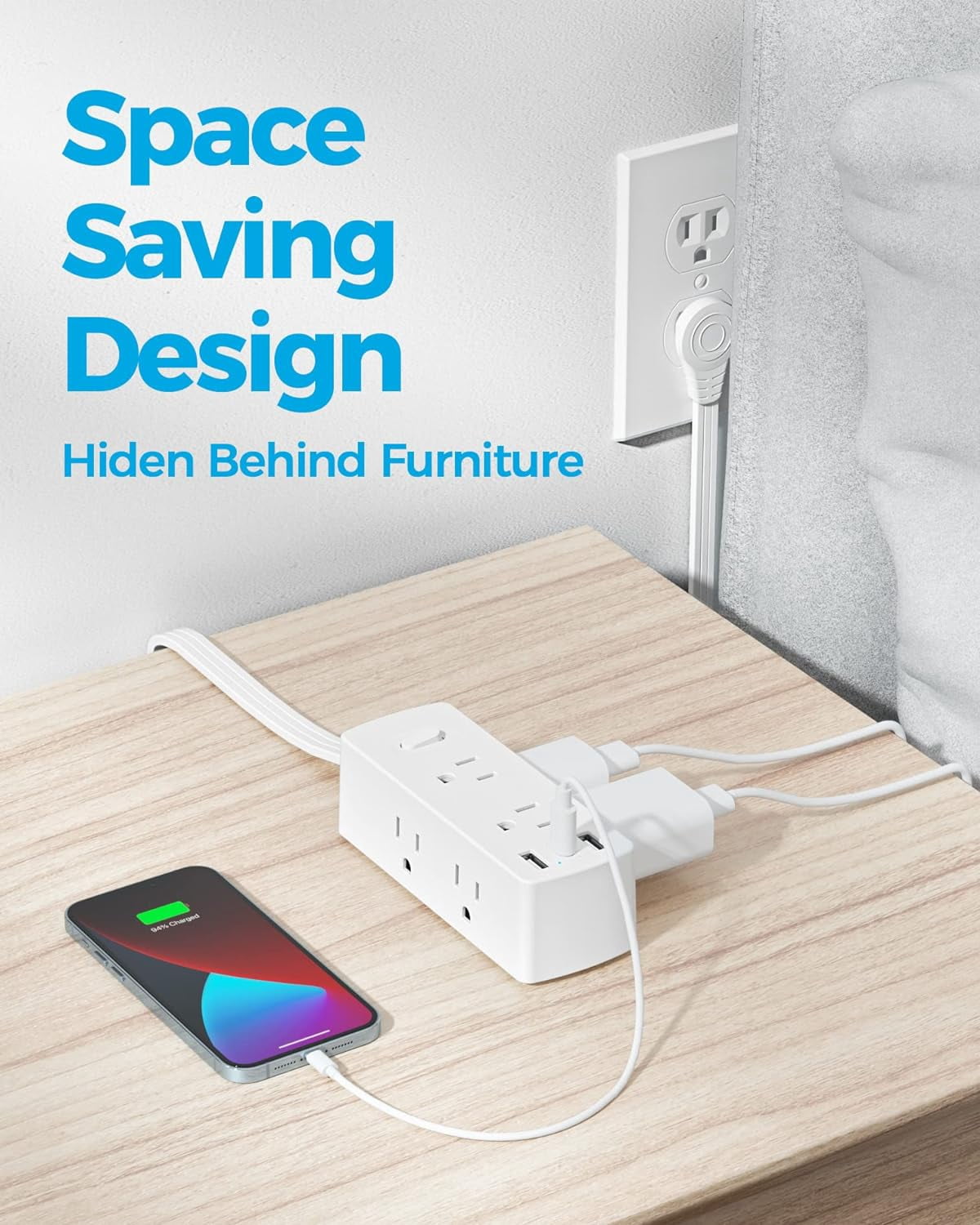 Power Strip Sur Protector, Ultra Thin Flat Plug Extension Cord 5ft, 6 Outlets 3 USB Ports(1 USB C), 3 Sided Outlet Extender for Home Office Travel Dorm Room Essentials, White