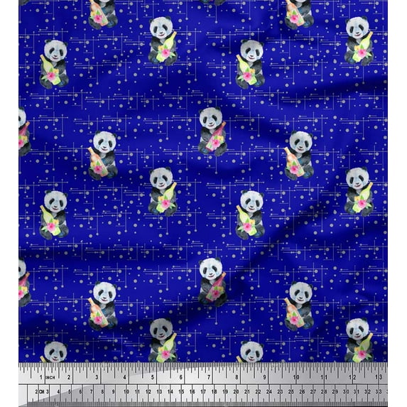 Soimoi Blue Japan Crepe Satin Fabric Bottle & Panda Dots Print Fabric by the Yard 42 Inch Wide