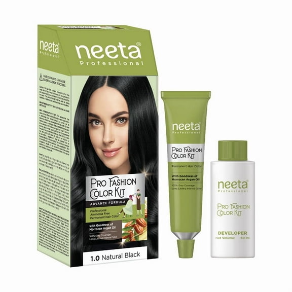 Neeta Creme Hair Color Kit, Permanent Black Hair Color Dye, 100% Grey Converage, Natural Black, 3.53 oz