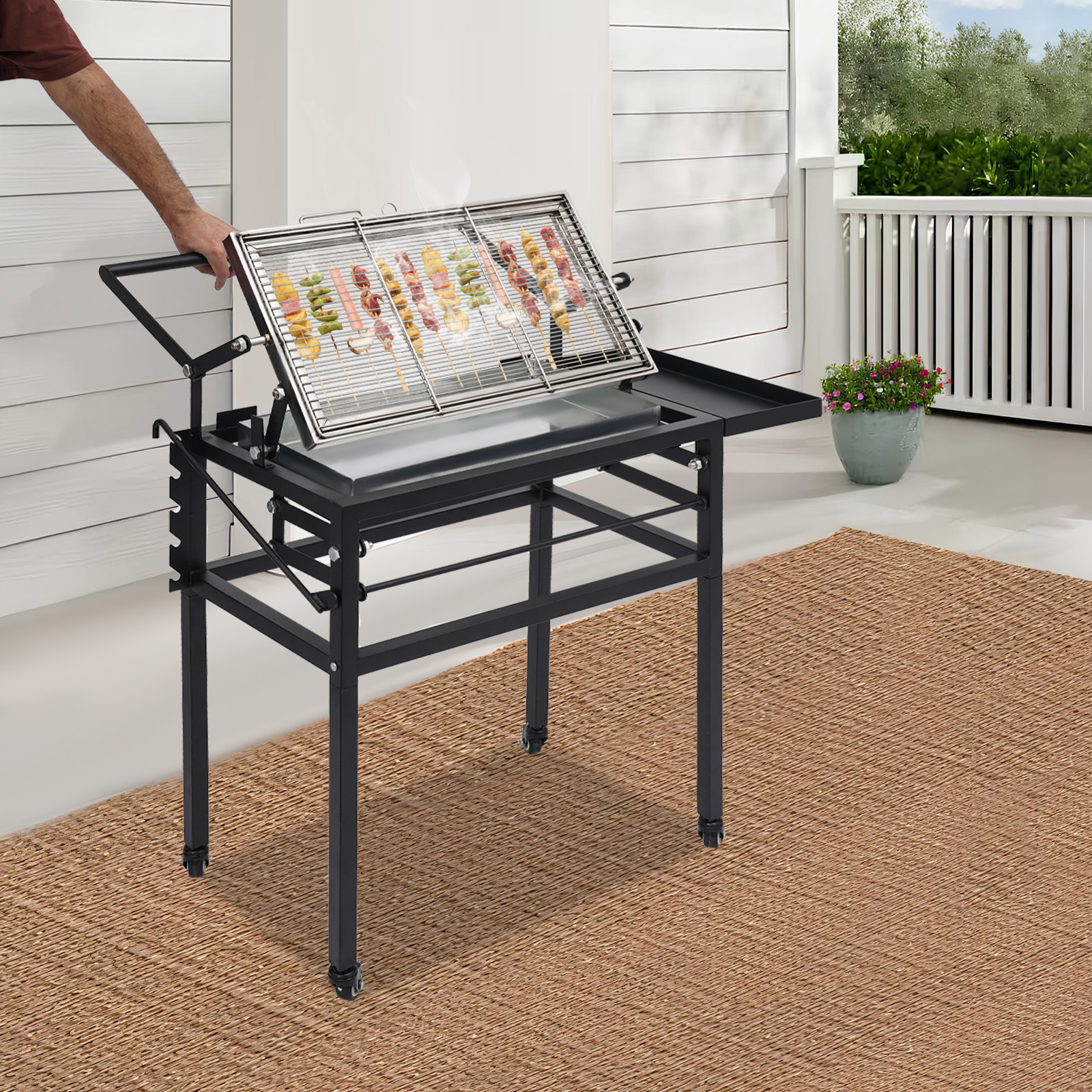 Camping Charcoal Grill, Foldable Legs & Brake Wheels, 5-Height Temperature Control, 360° Safe Flipping Basket, Perfect for Picnics/Tailgating