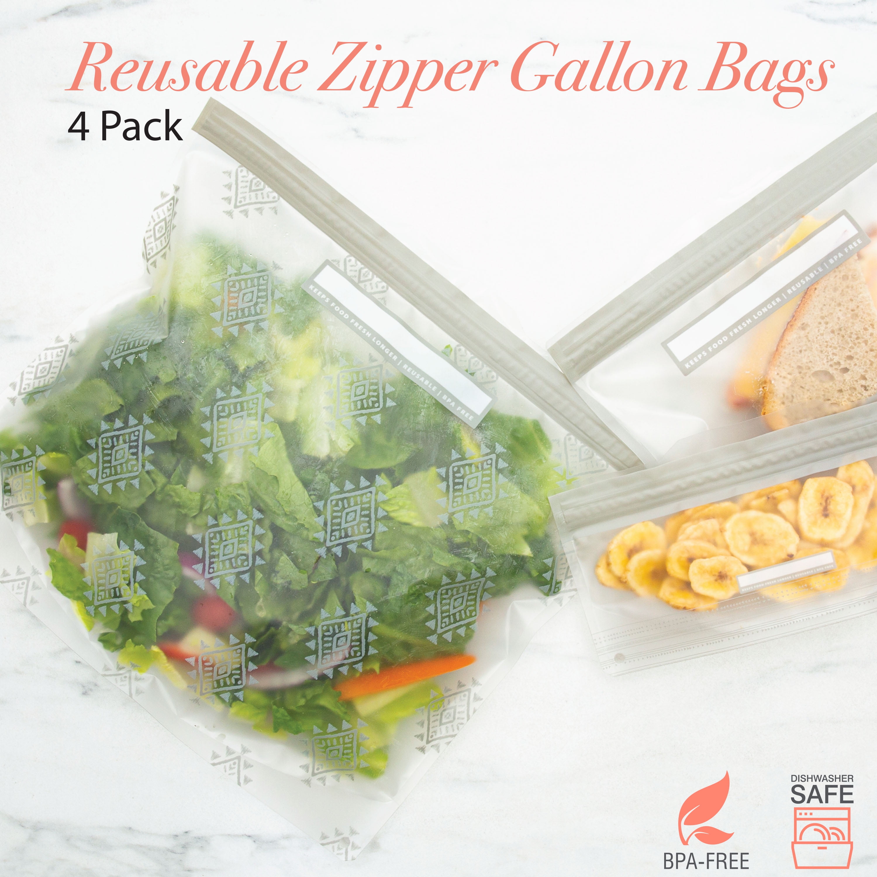 Kitchen Details 4 Pack Plastic Reusable Gallon Bags, Gray