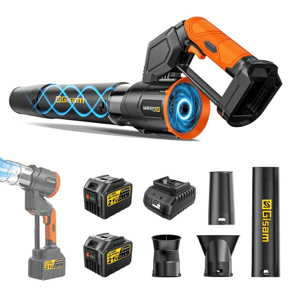 Gisam Rotatable Electric Brushless Cordless Leaf Blower 800000RPM 320CFM Handheld Leaf Blower with 2 X 6.0Ah Batteries for Patio Cleaning, Lawn Care, Blowing Leaves and Dust