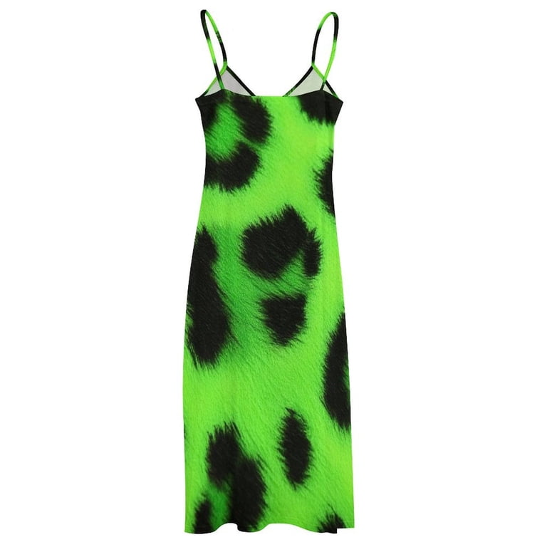 JHWJH25 Neon Green Leopard Print Fur Sleeveless Suspender Dress Summer Fashion Casual Long Dress, Women's, Size: 5XL