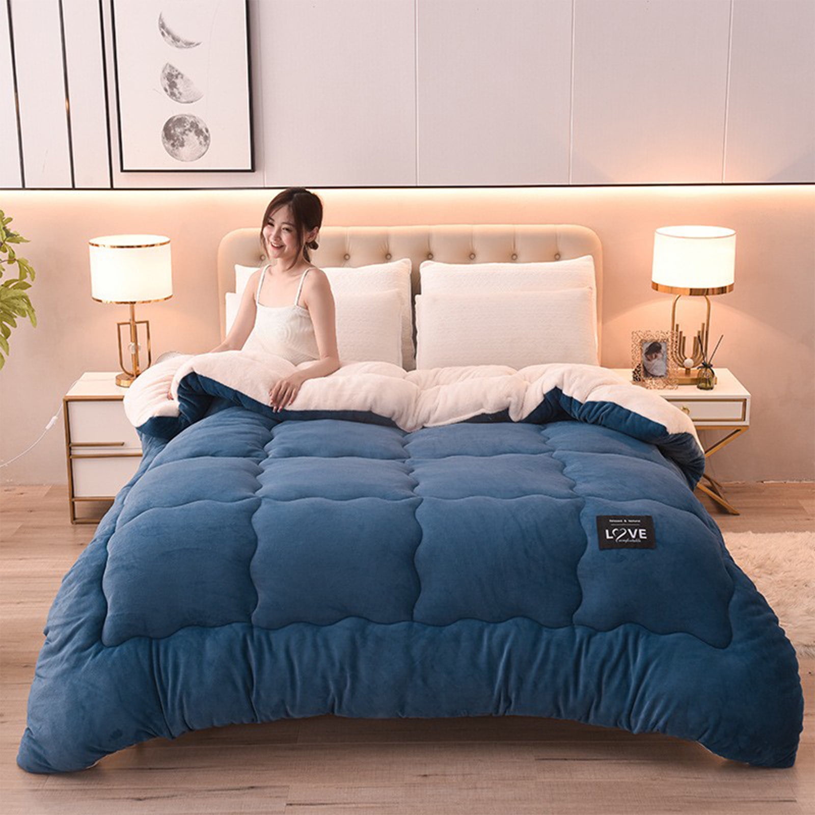 Kezqiaxn Thickened Comforter 150x200cm Milk Fleece Full Size Comforters Winter Quilt Doubles Lightweight Quilt Bed Thick Blankets Warm Cotton Quilt for Camping/Bedroom/All Season Blue