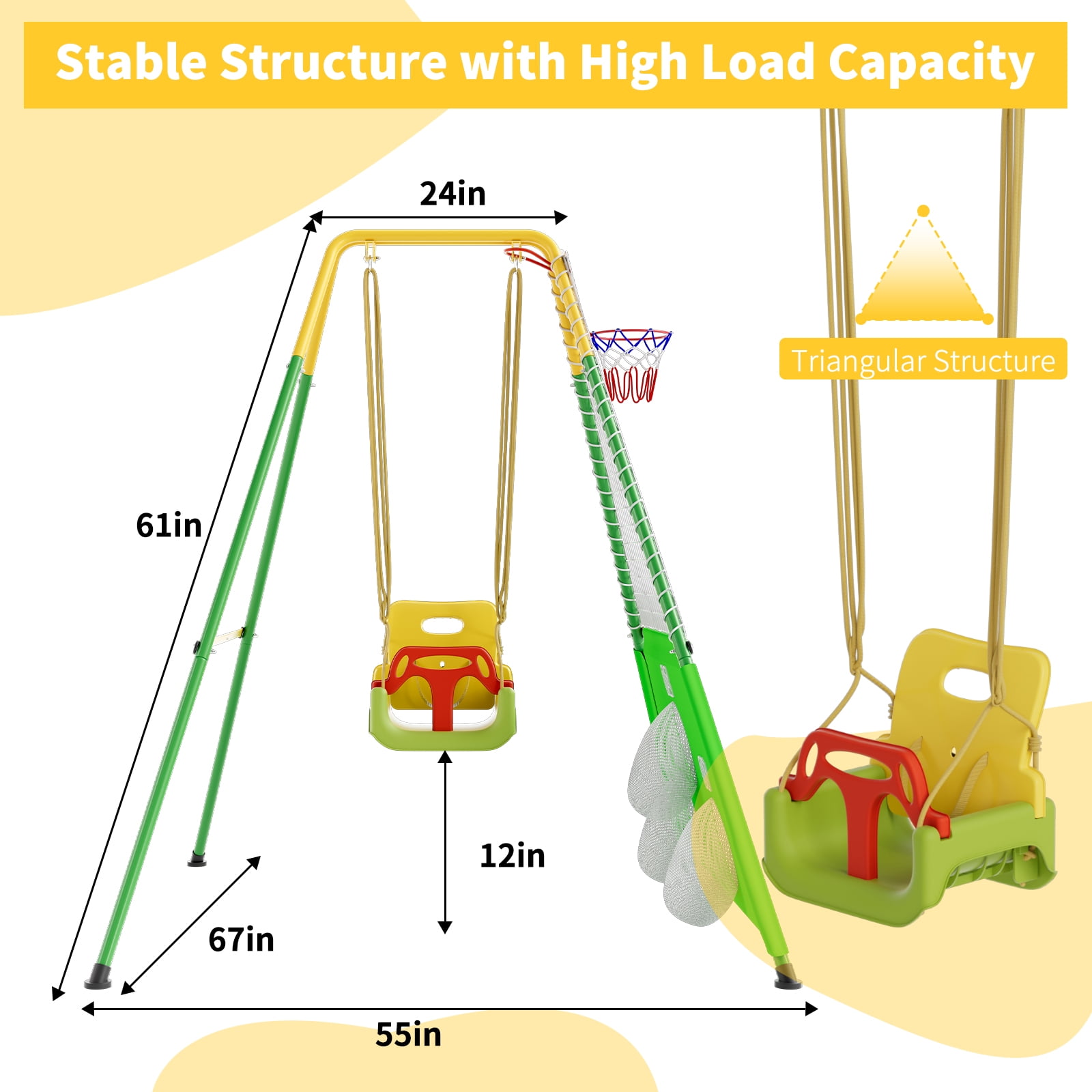 3 in 1 Toddler Swing Set with Basketball Rim and Soccer Scoring Net, Indoor Outdoor Baby Swing with Metal Stand, Kids Swing Set for Backyard, Free Soccer Basketball and Pump, Easy to Assemble（Green）