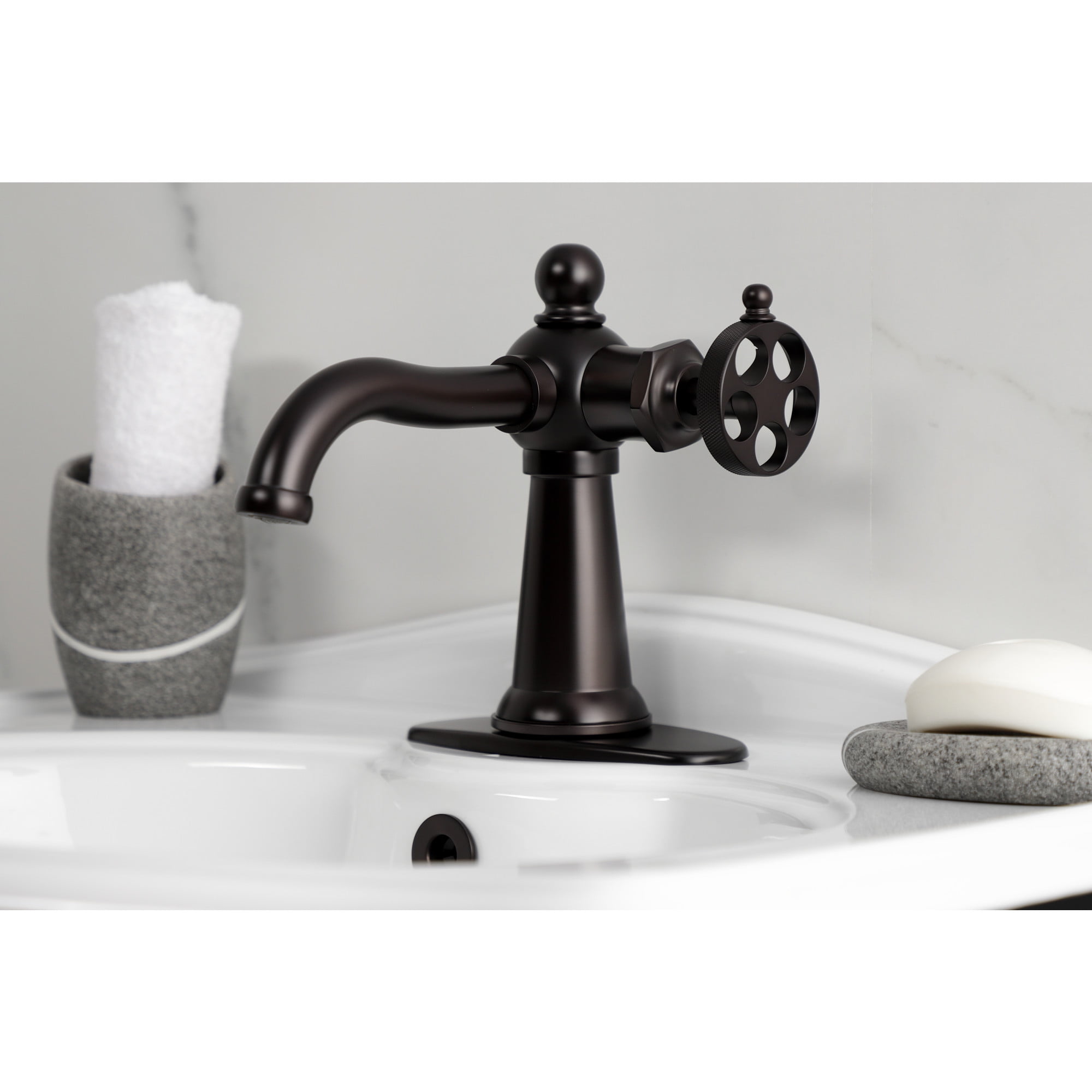 Kingston Brass KSD3545RKZ Wendell One-Handle Single-Hole Bathroom Faucet with Knurled Handle and Push Pop-Up Drain, Oil Rubbed Bronze