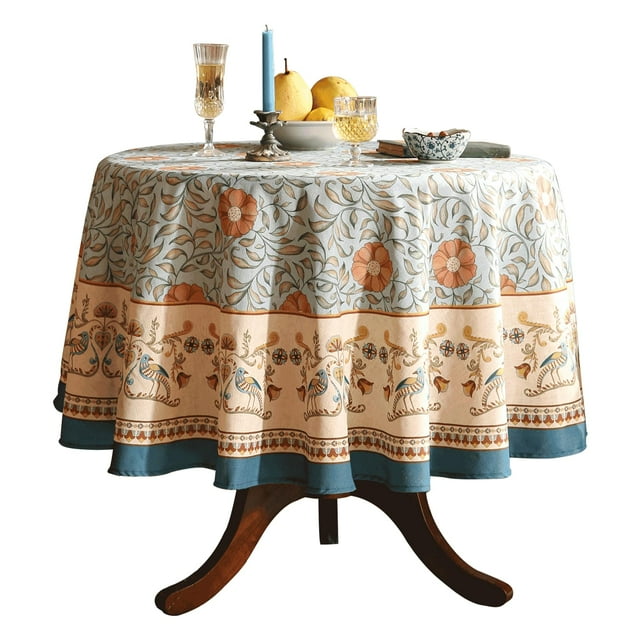 Mantel redondo de 170 cm, estampado floral vintage, color azul